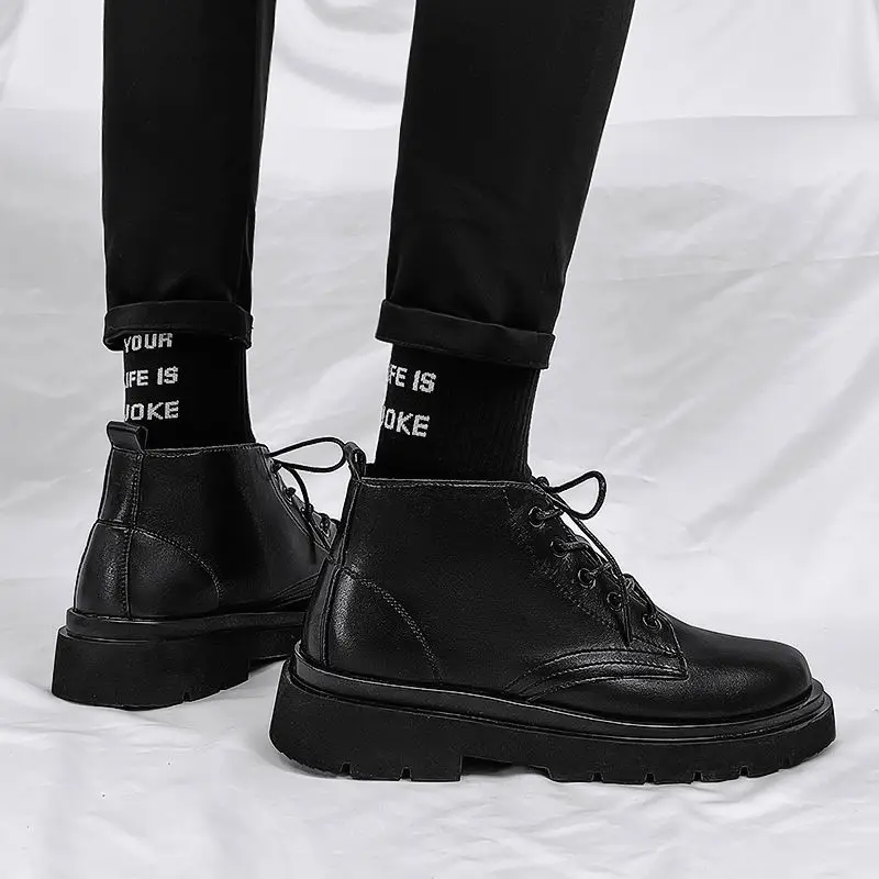 Men'S Shoes To Increase Height - Leather Black Men High Top Lace
