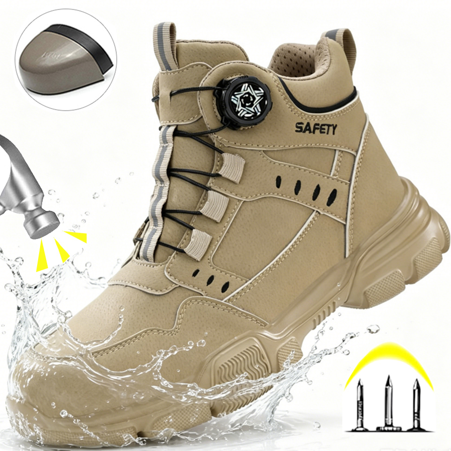 Work Boot Steel Toe - Water Repellent Leather Safety Boots for